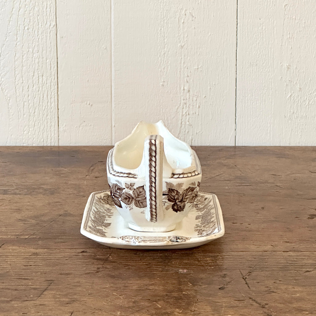 Brown Transferware Sauceboat with Under Plate