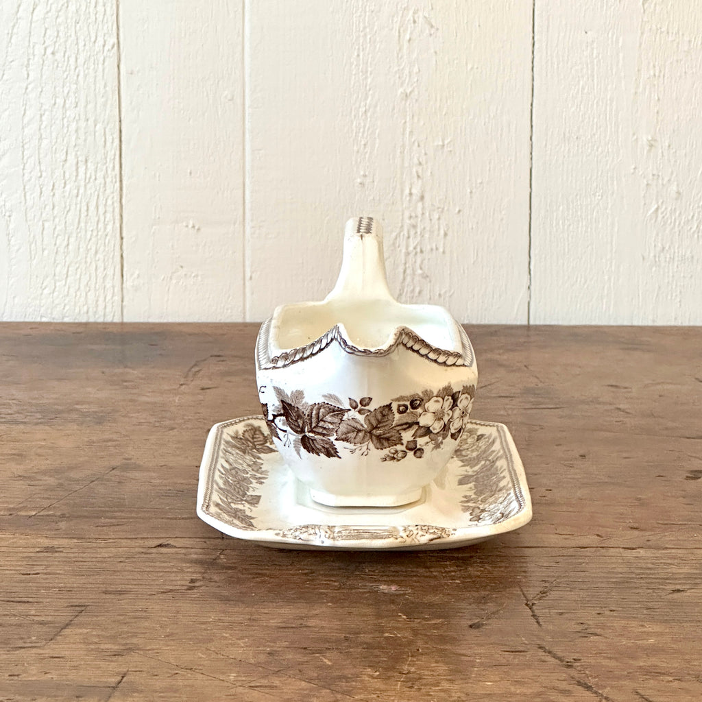 Brown Transferware Sauceboat with Under Plate