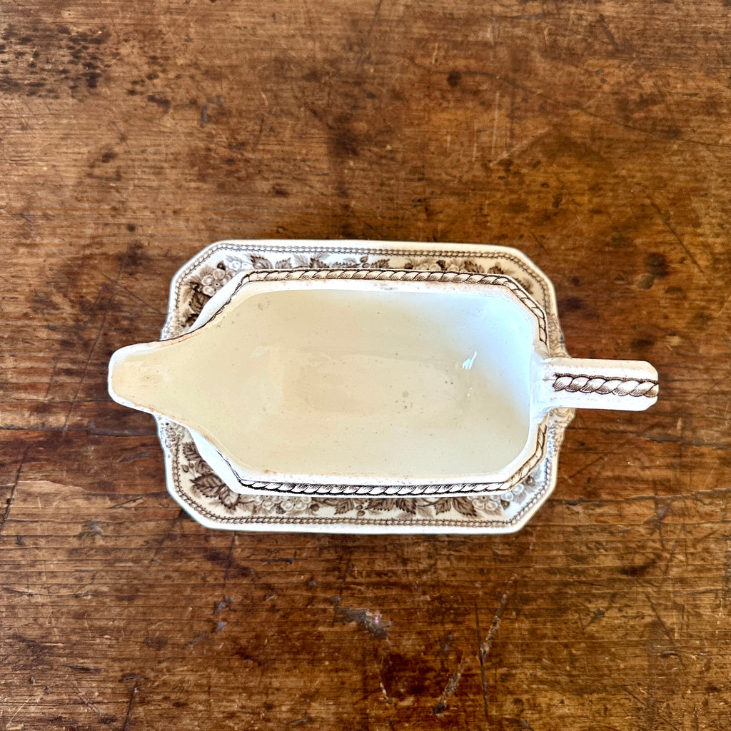 Brown Transferware Sauceboat with Under Plate