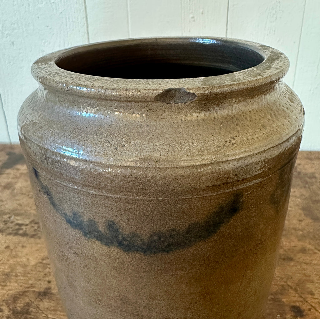 Antique Salt Glaze Jar with Blue Flowers