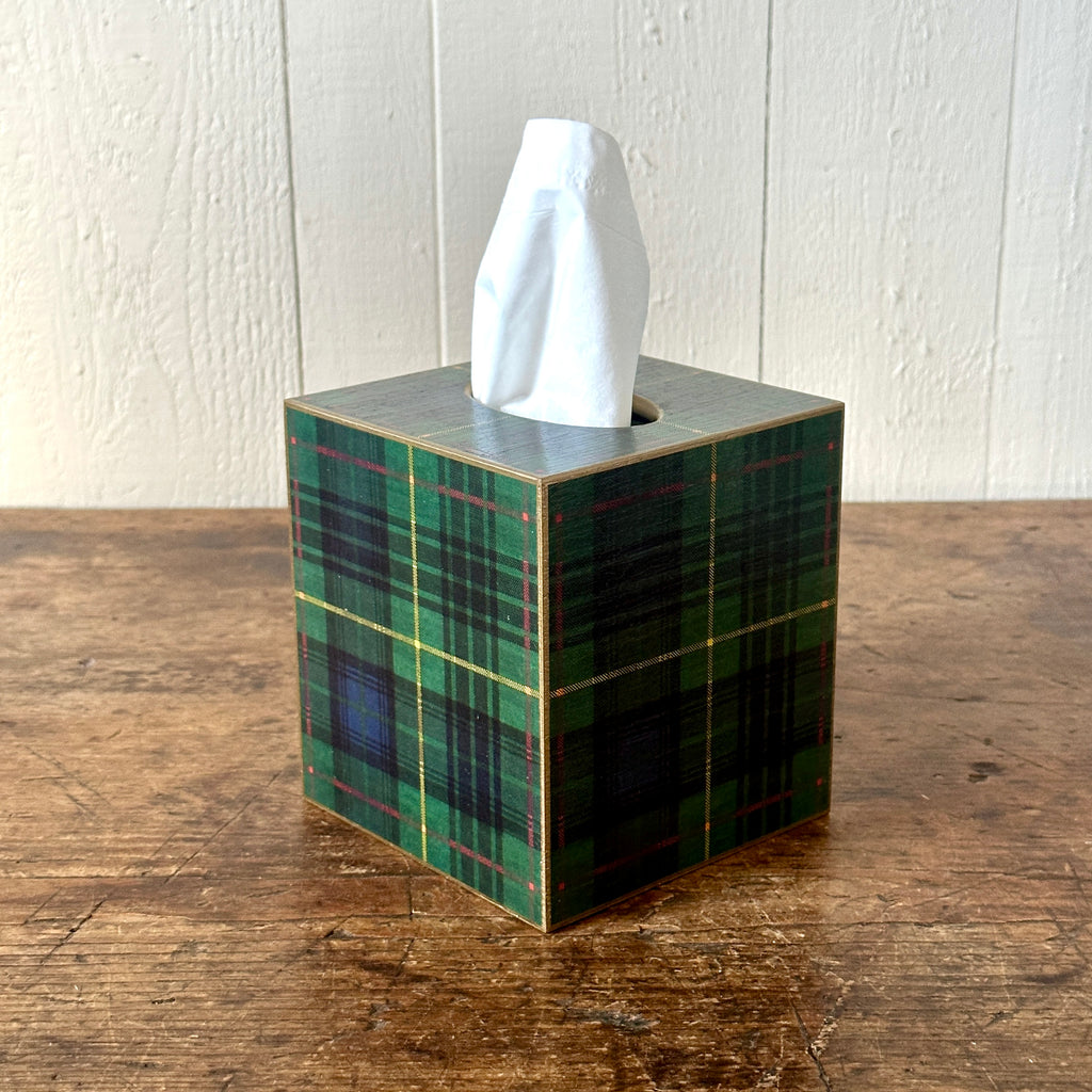 Green Plaid Wood Tissue Box Cover