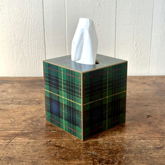 Green Plaid Wood Tissue Box Cover
