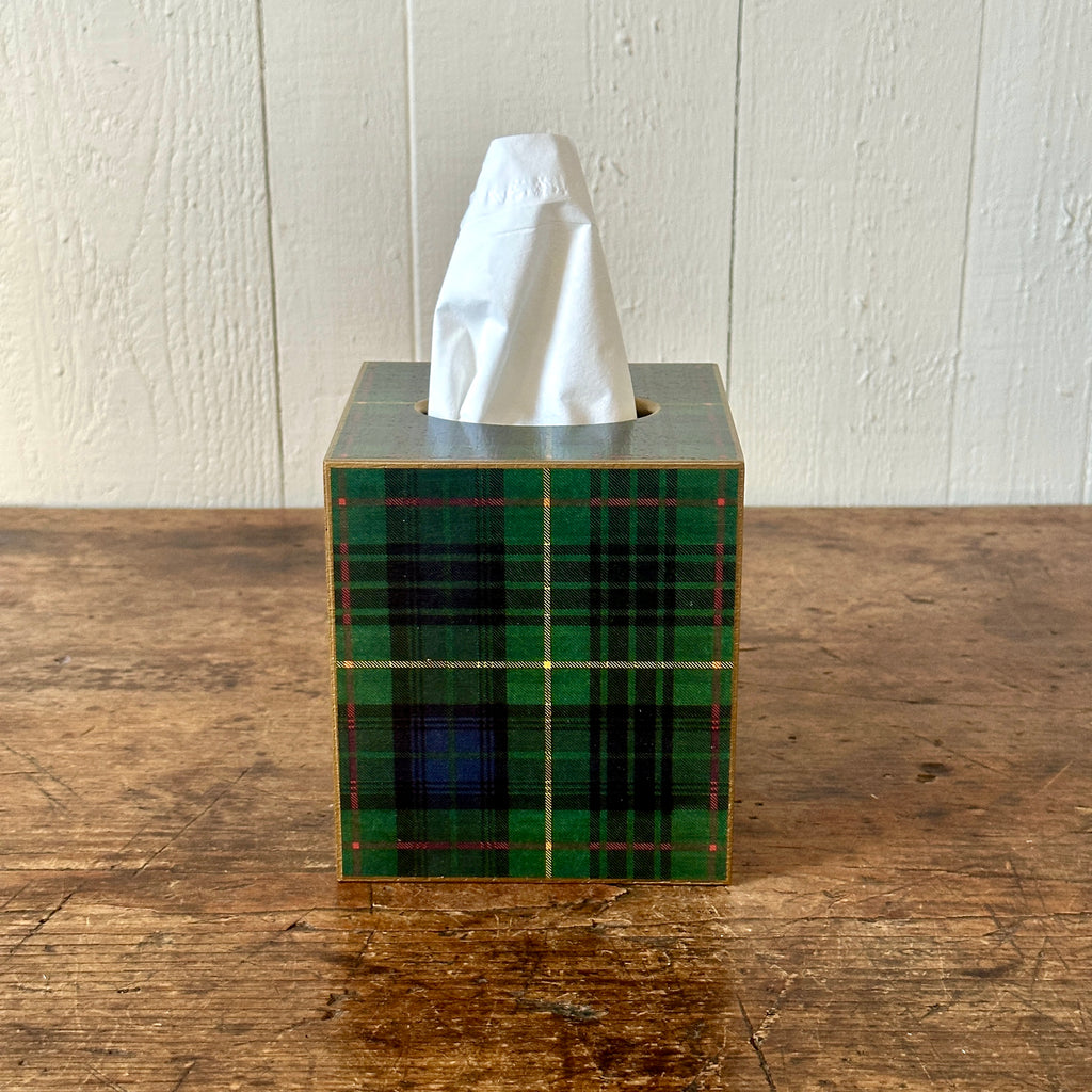Green Plaid Wood Tissue Box Cover