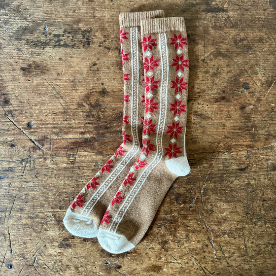 Camel Poinsettia Wool Cashmere Crew Socks