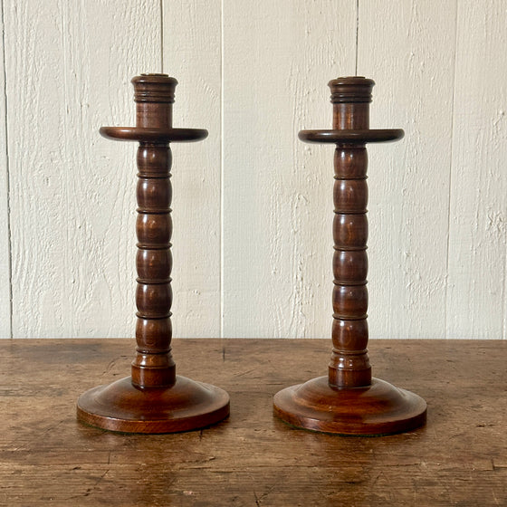 Antique English Oak Bobbin Candlesticks