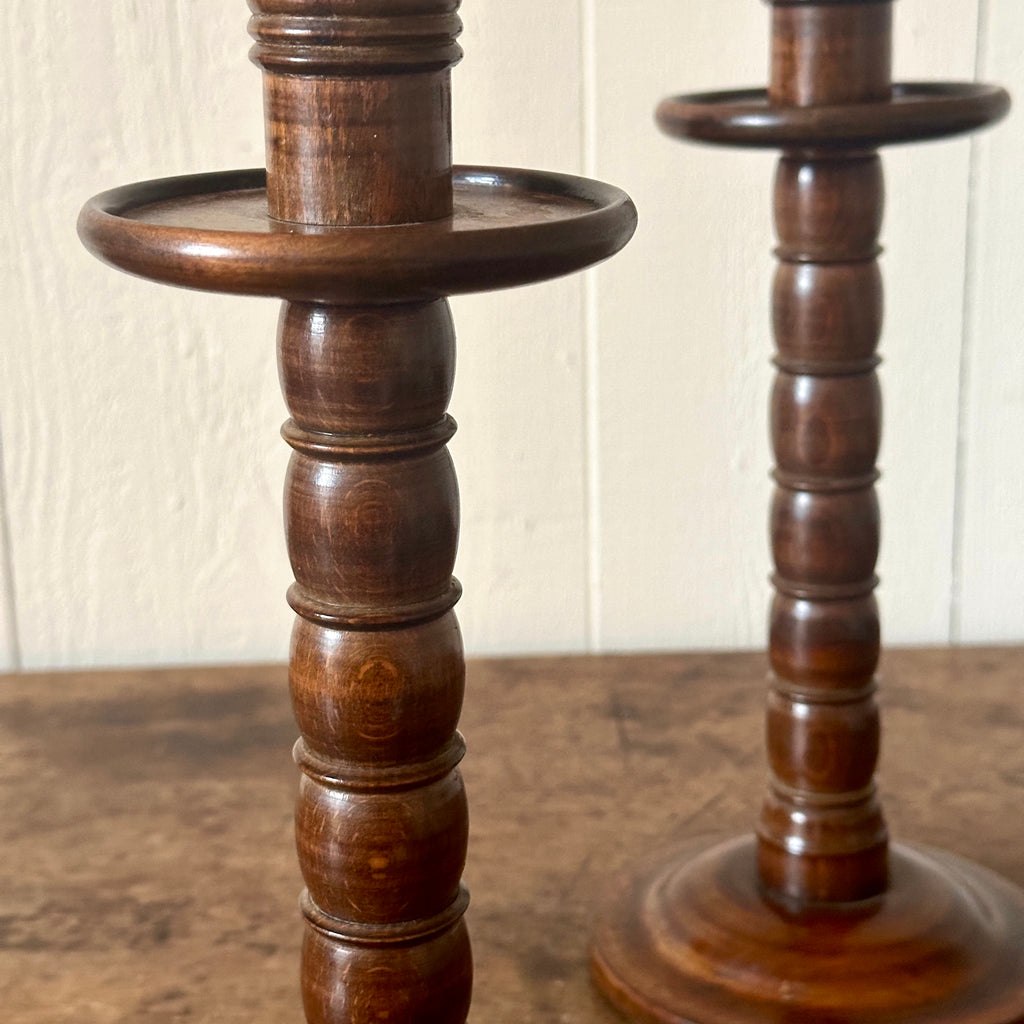 Antique English Oak Bobbin Candlesticks