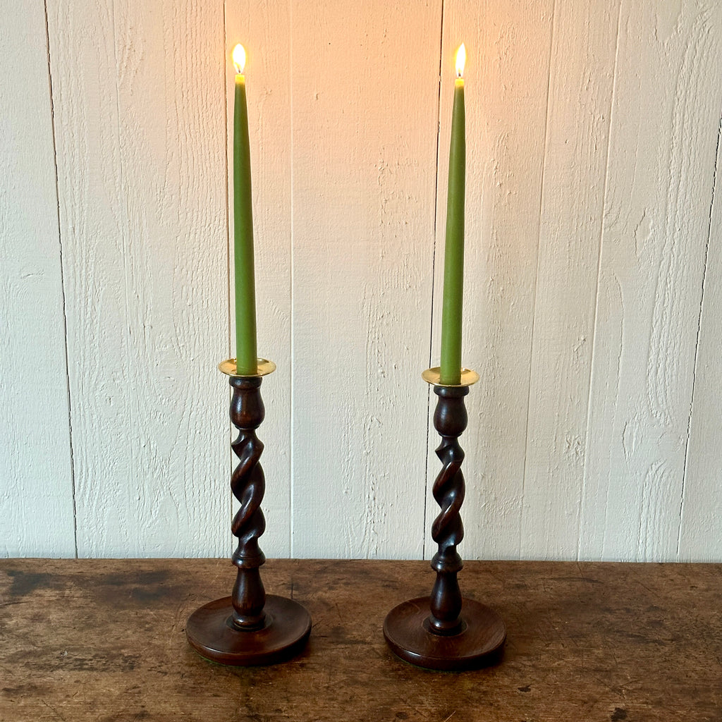 Antique English Oak Barley Twist Candlesticks