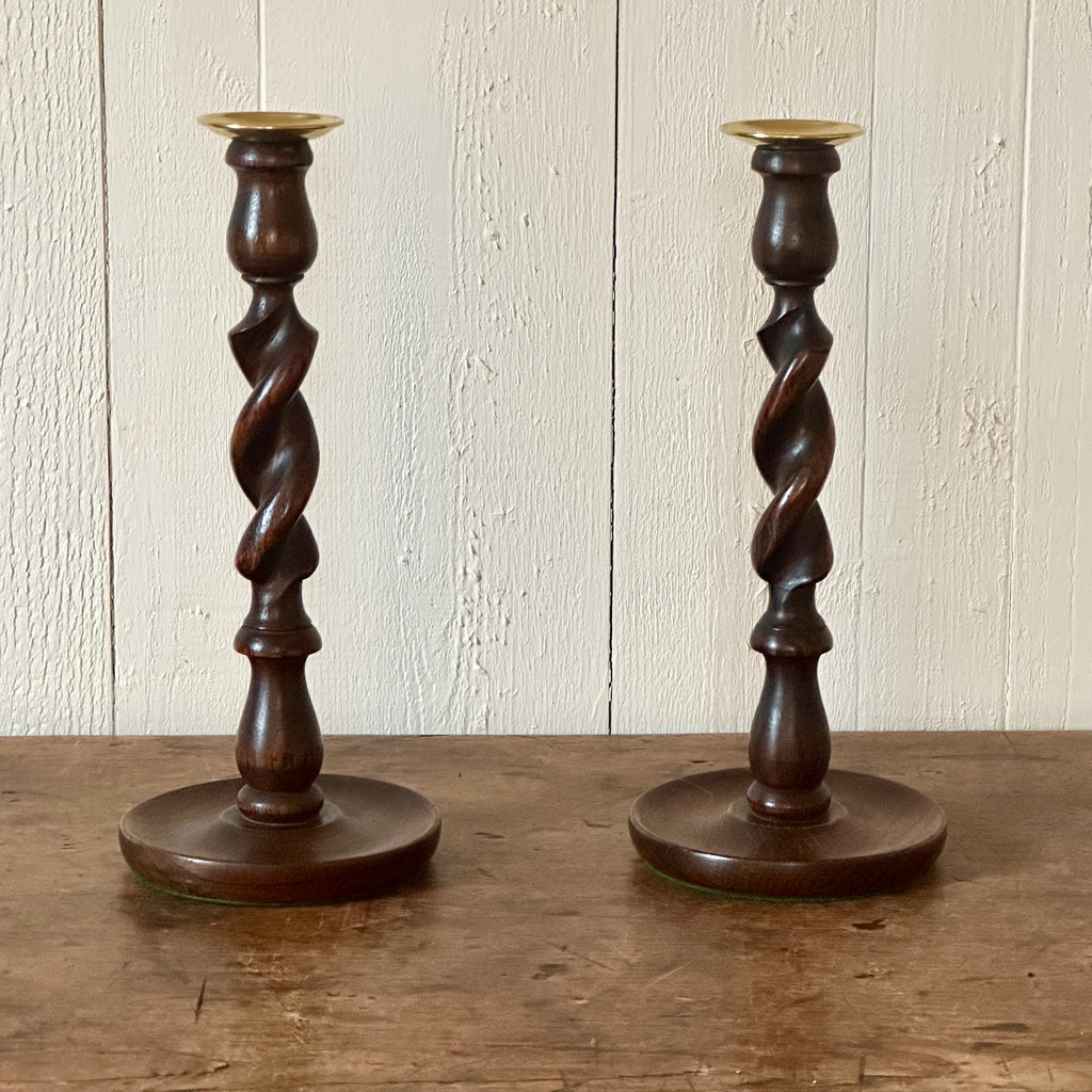 Antique English Oak Barley Twist Candlesticks