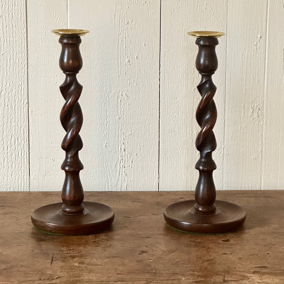 Antique English Oak Barley Twist Candlesticks