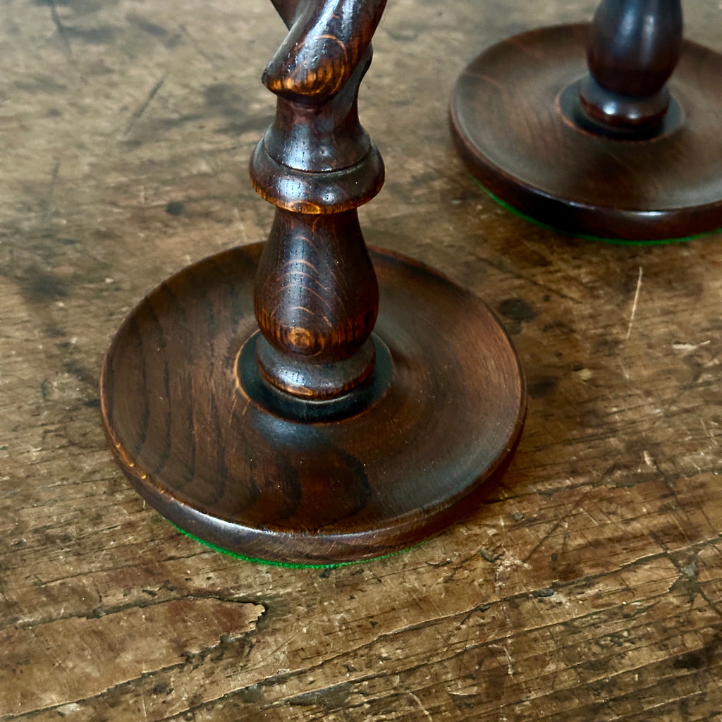 Antique English Oak Barley Twist Candlesticks