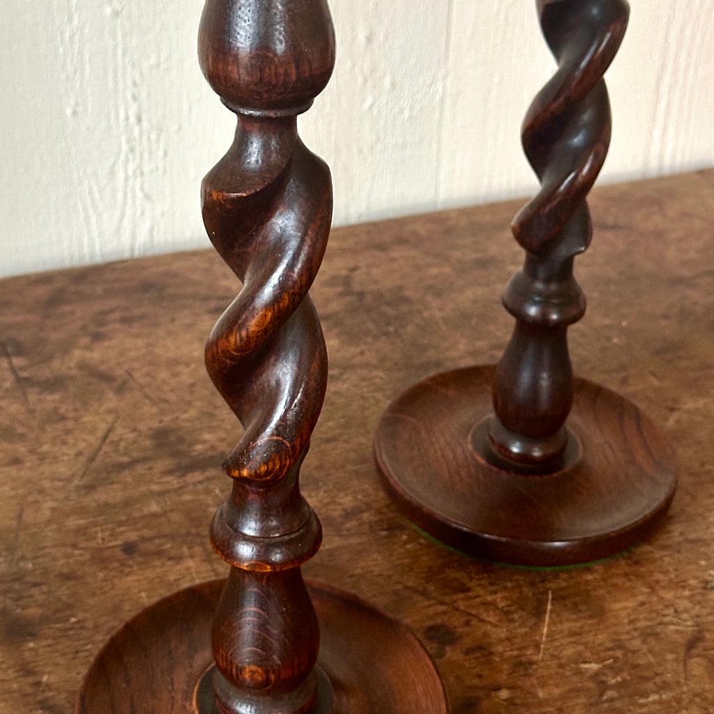 Antique English Oak Barley Twist Candlesticks