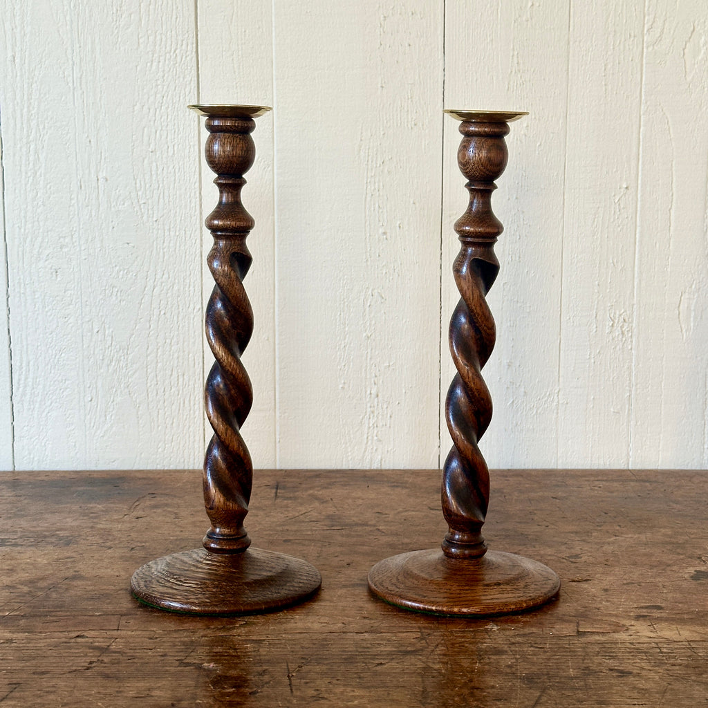 Antique English Oak Barley Twist Candlesticks