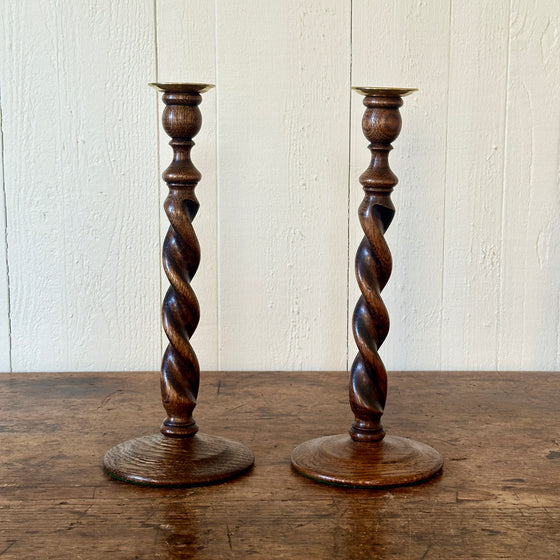 Antique English Oak Barley Twist Candlesticks