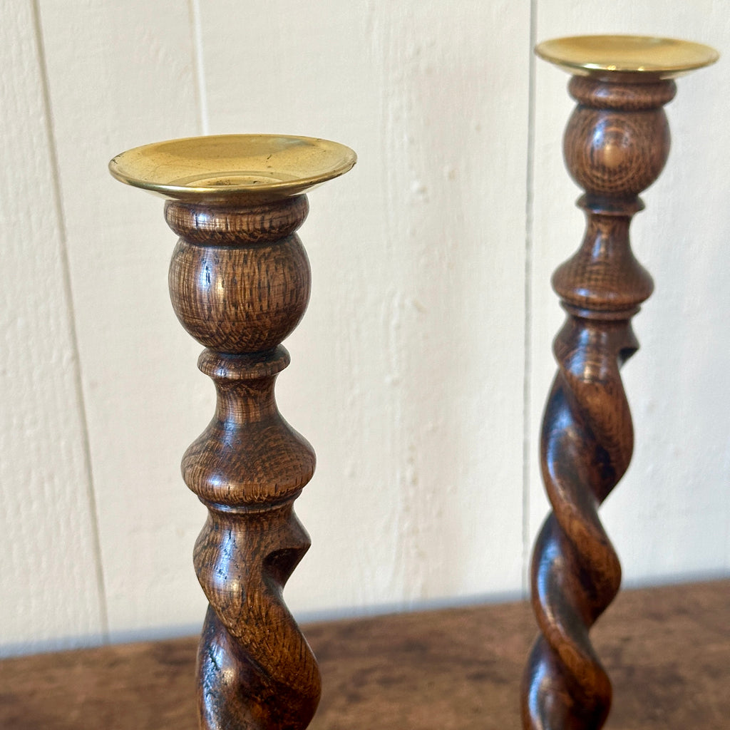 Antique English Oak Barley Twist Candlesticks