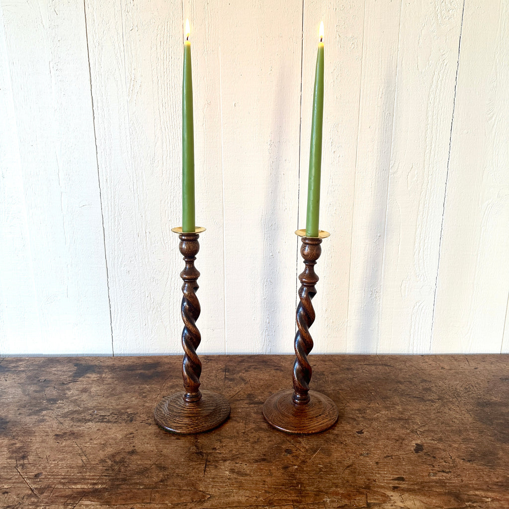 Antique English Oak Barley Twist Candlesticks