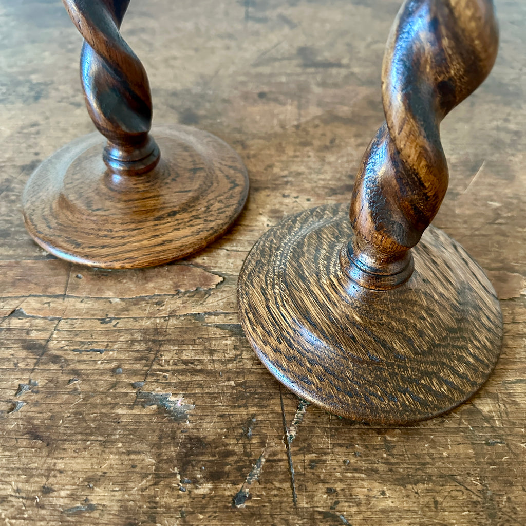 Antique English Oak Barley Twist Candlesticks