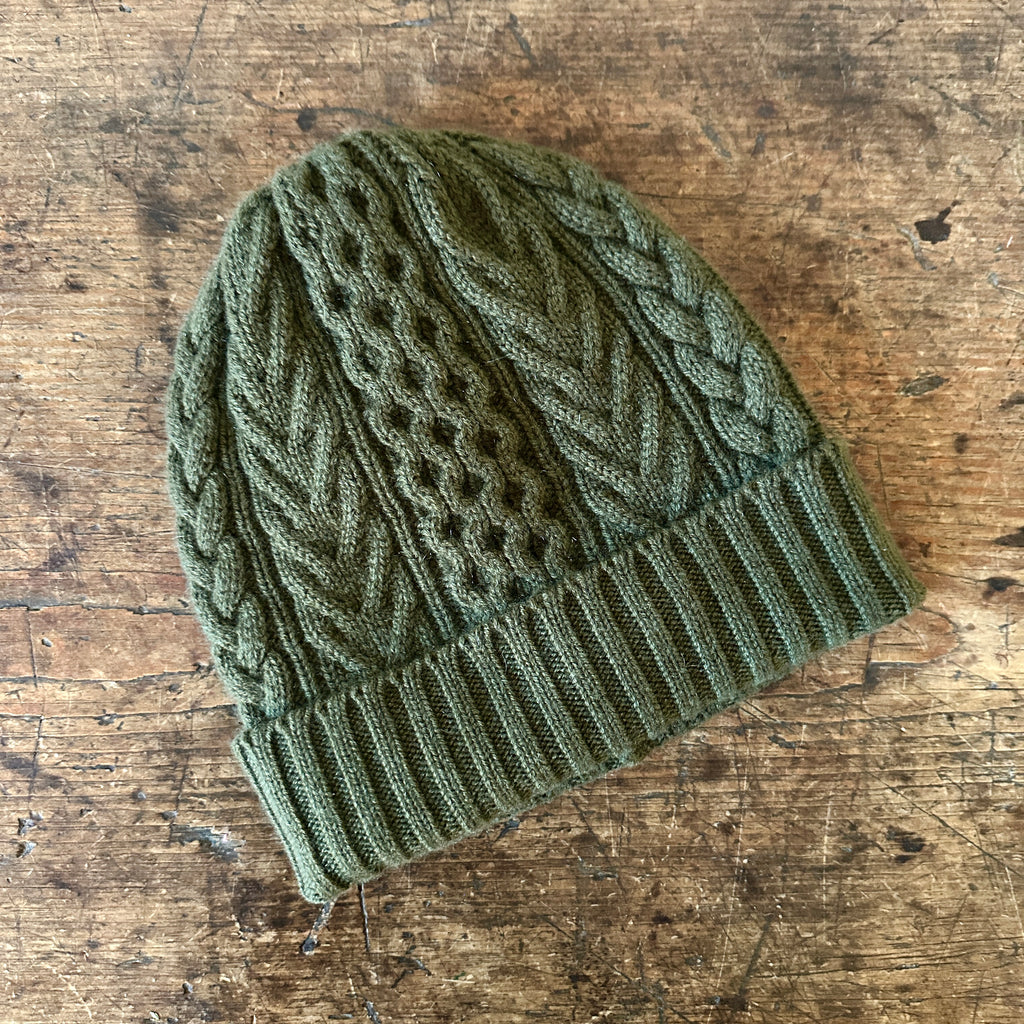 Olive Aran Cable Knit Cashmere Hat