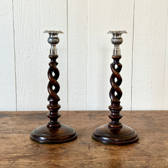 Antique English Oak and Silver Barley Twist Candlesticks