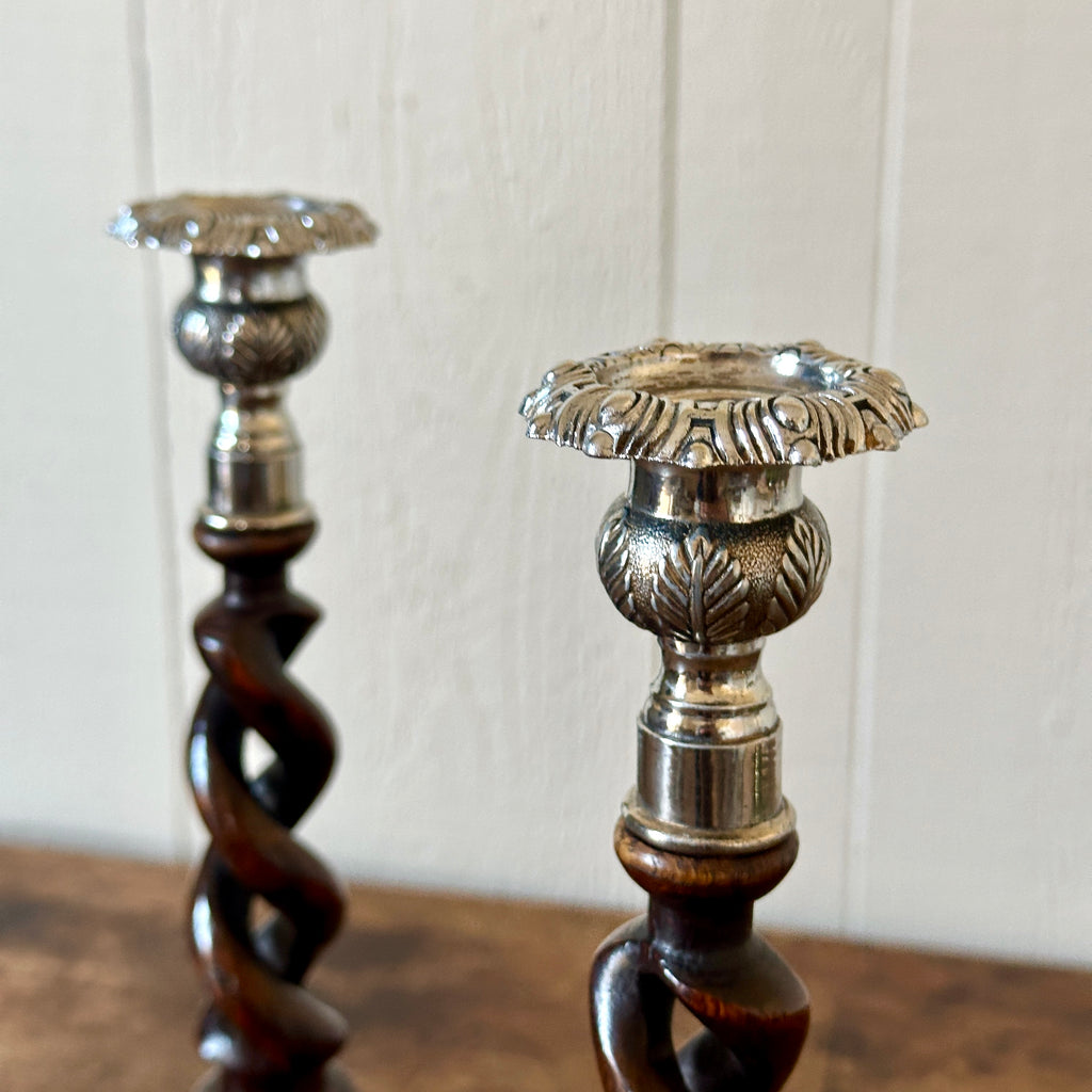 Antique English Oak and Silver Barley Twist Candlesticks