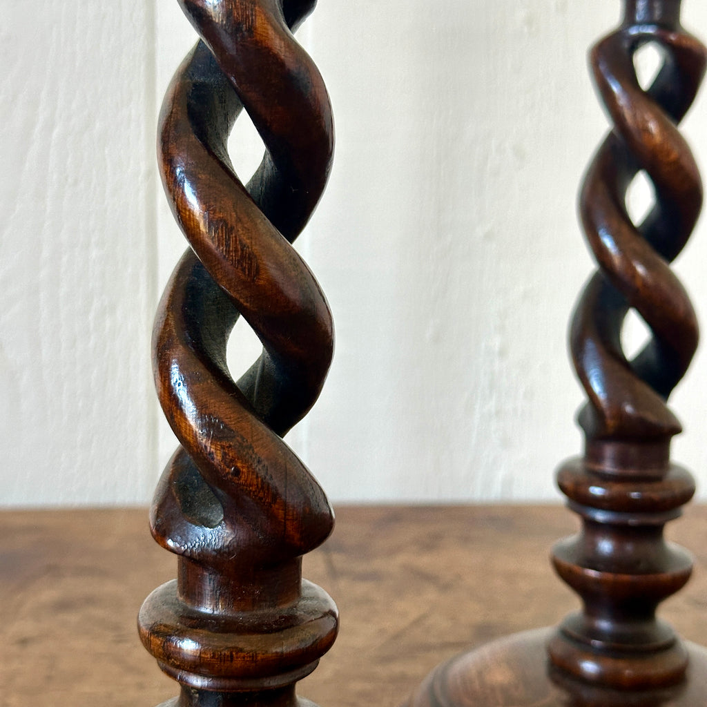 Antique English Oak and Silver Barley Twist Candlesticks