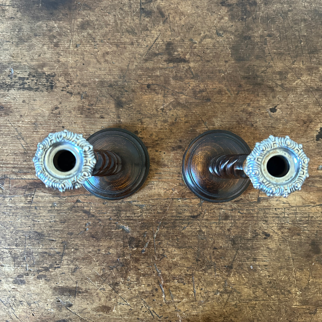 Antique English Oak and Silver Barley Twist Candlesticks