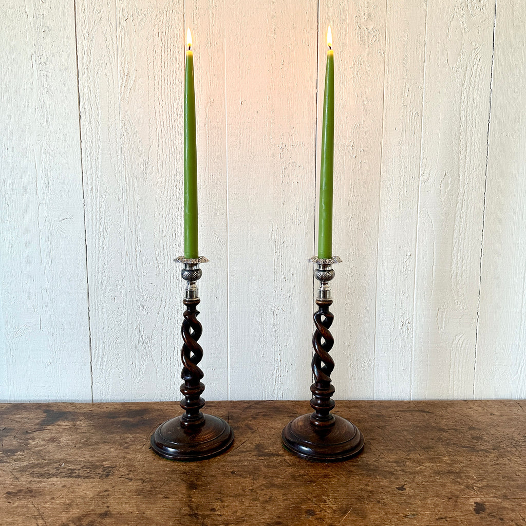 Antique English Oak and Silver Barley Twist Candlesticks