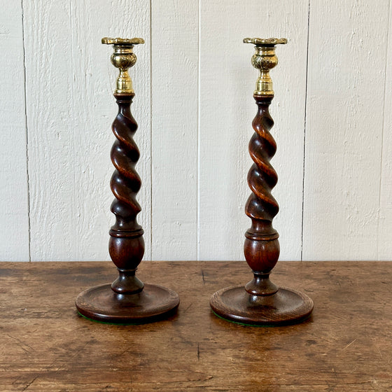 Antique English Oak Barley Twist Candlesticks