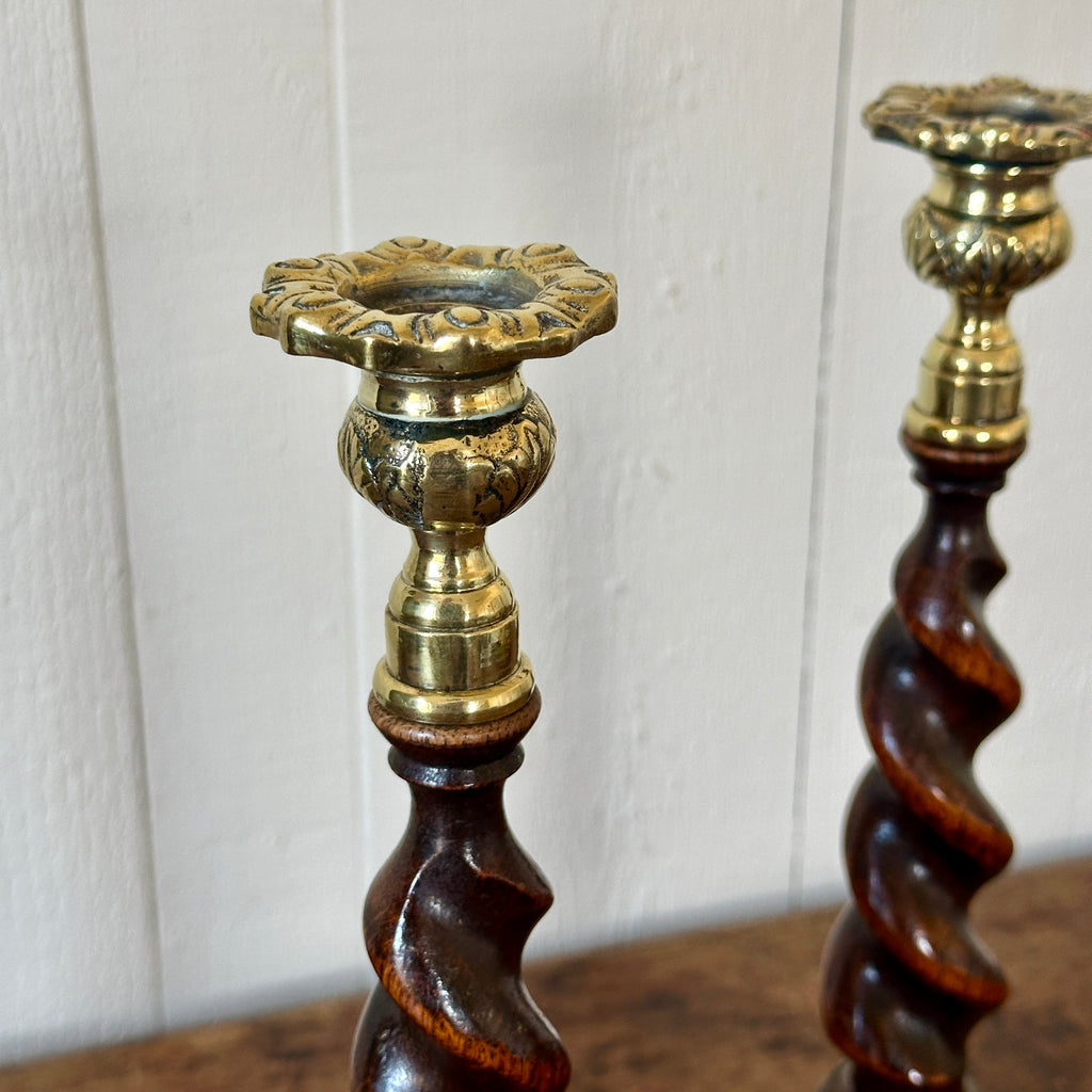 Antique English Oak Barley Twist Candlesticks