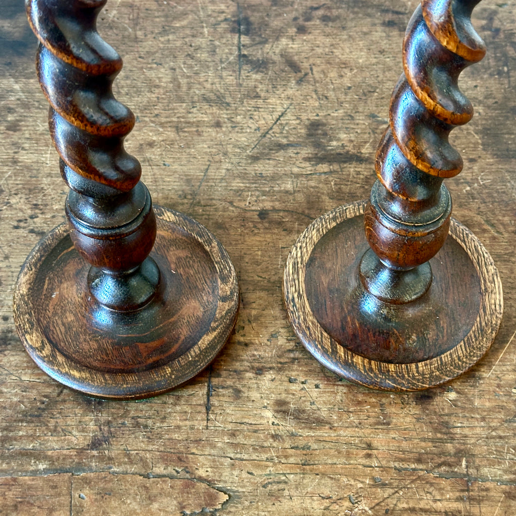 Antique English Oak Barley Twist Candlesticks