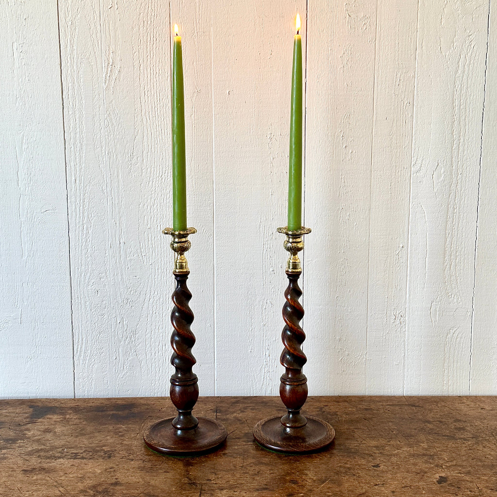 Antique English Oak Barley Twist Candlesticks