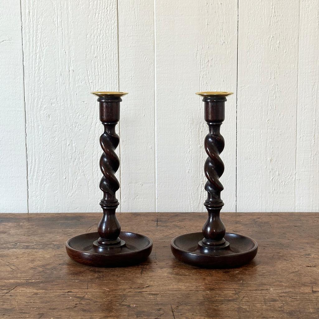 Antique English Oak Barley Twist Candlesticks