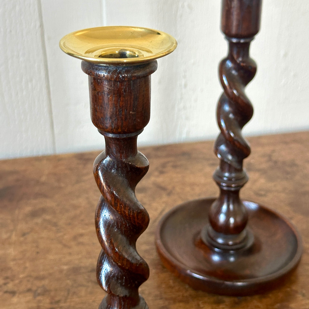 Antique English Oak Barley Twist Candlesticks