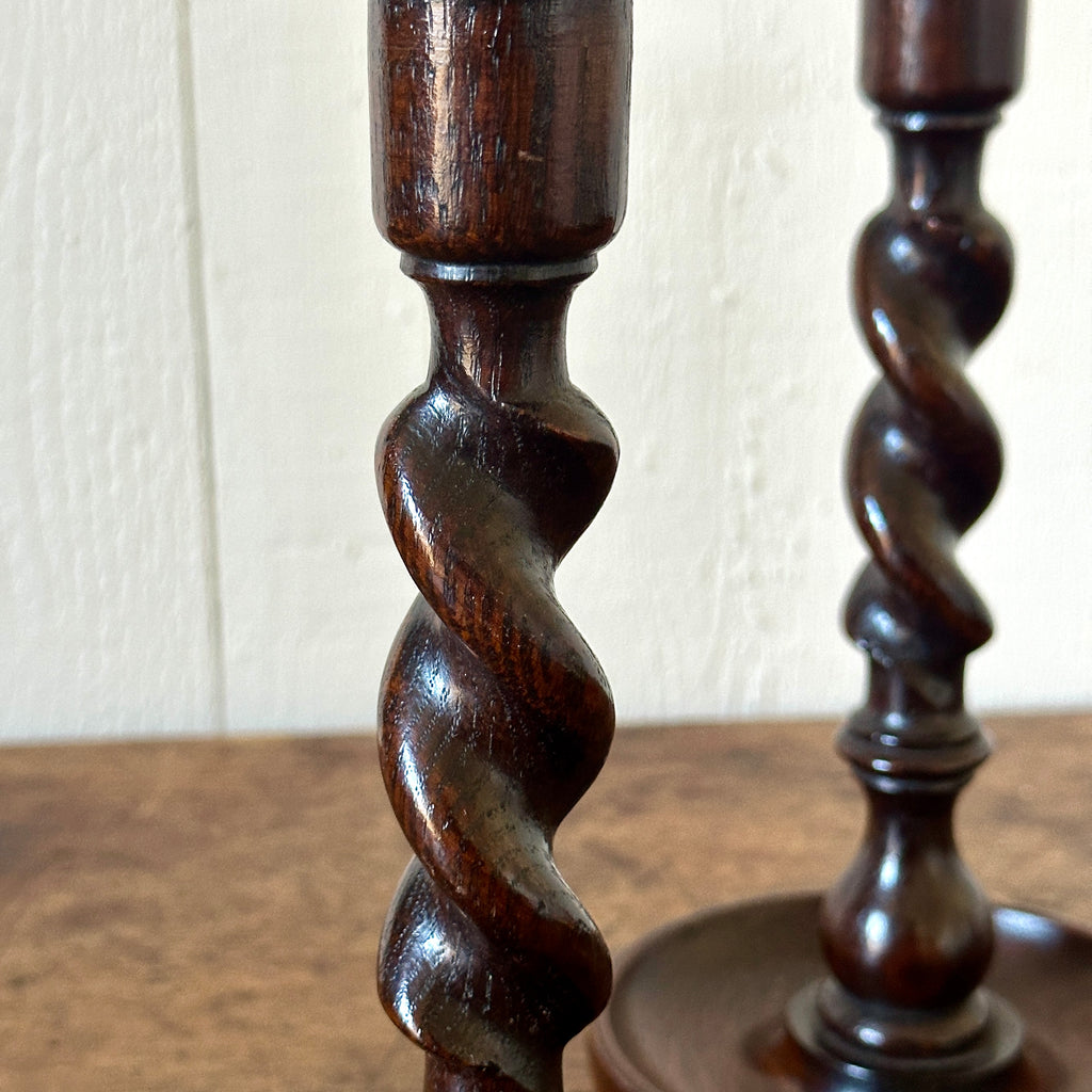 Antique English Oak Barley Twist Candlesticks