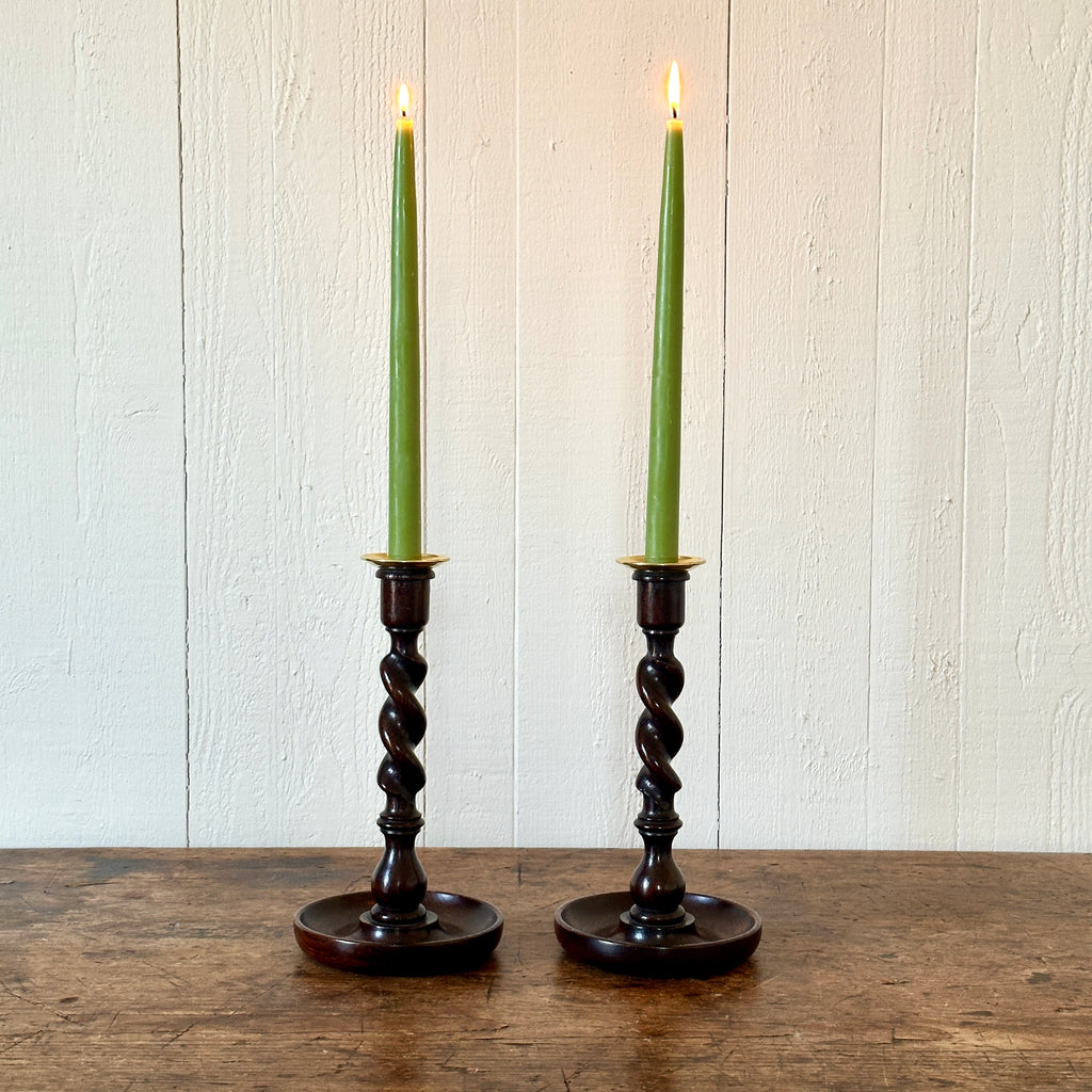 Antique English Oak Barley Twist Candlesticks