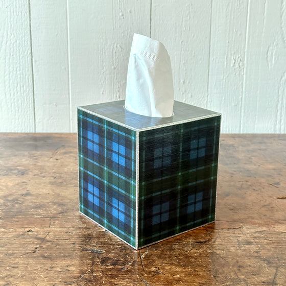 Blue Plaid Wood Tissue Box Cover