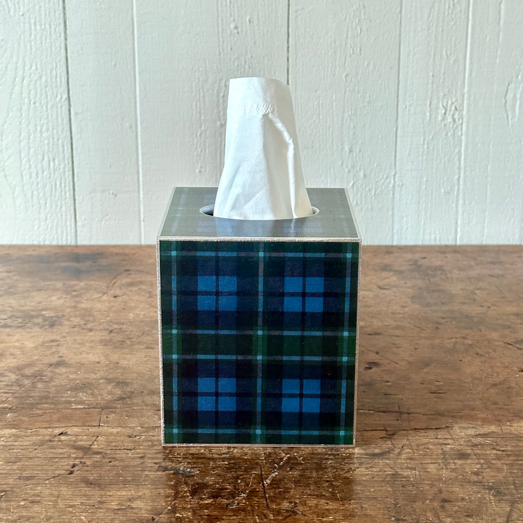 Blue Plaid Wood Tissue Box Cover