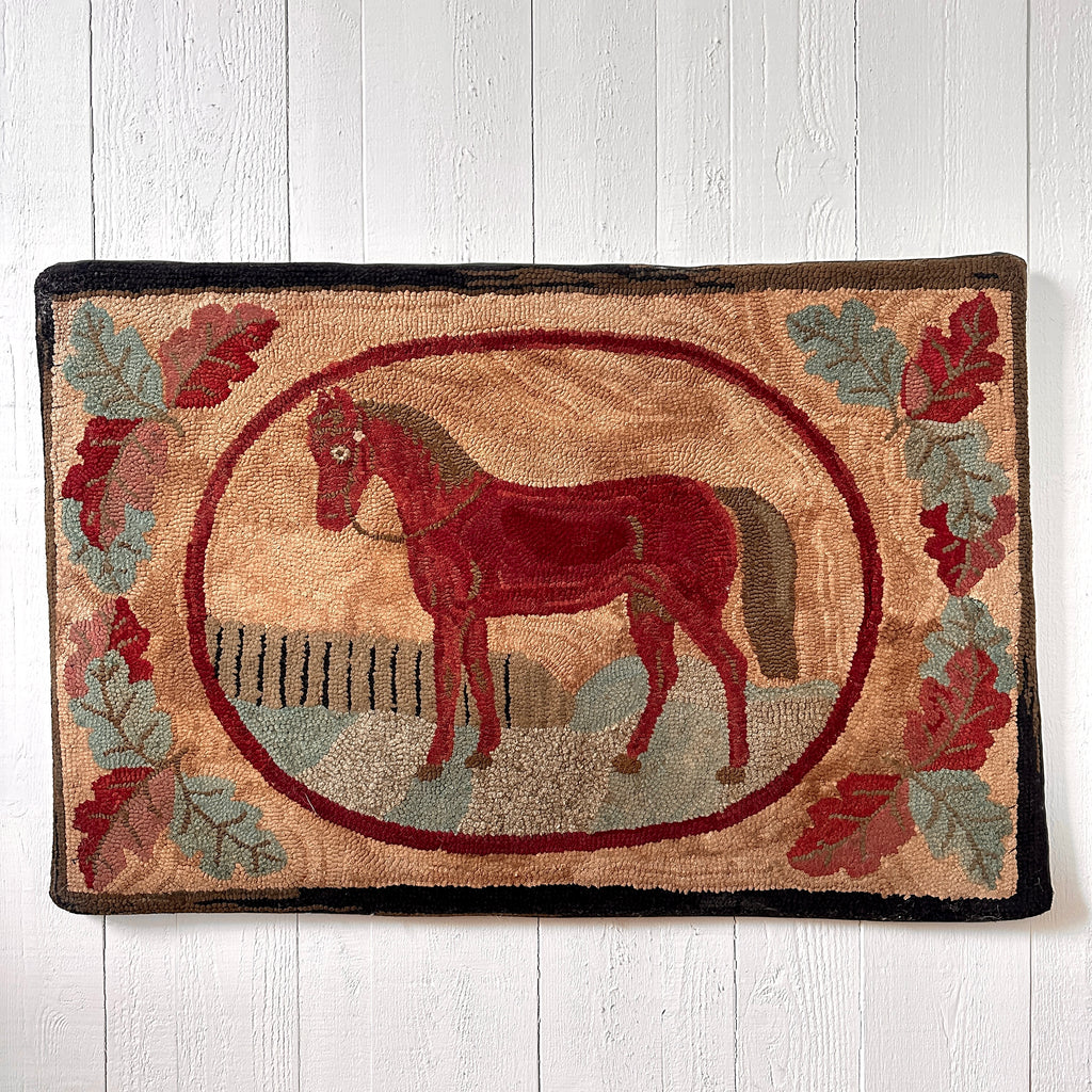 Hand-Hooked Horse Rug on Frame