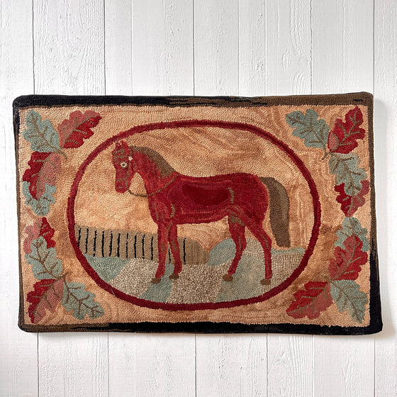 Hand-Hooked Horse Rug on Frame
