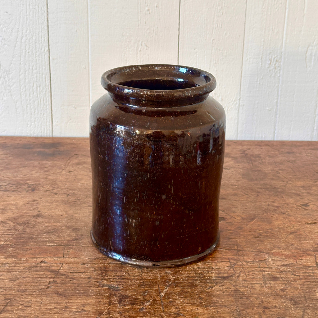Antique Redware Crock with Manganese Glaze