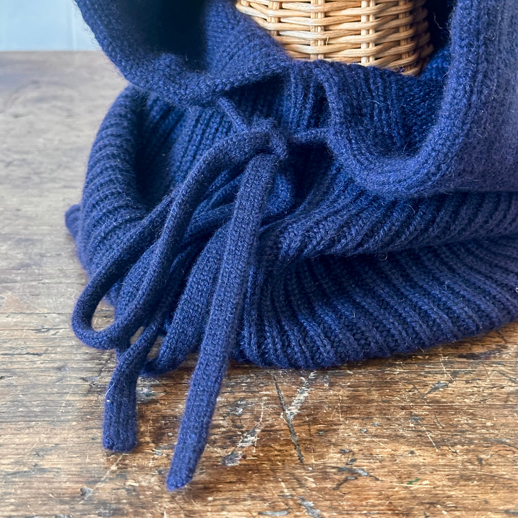 Navy Drawstring Knit Cashmere Hood