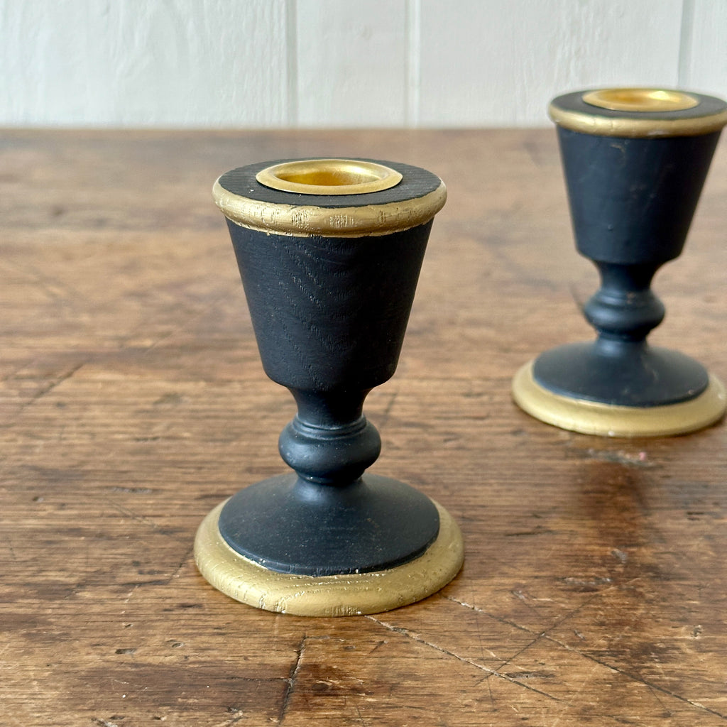 Pair of Black & Gilt Country Candleholders