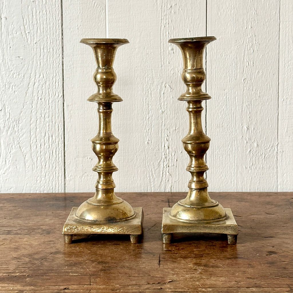 English 9.75" Square Base Brass Candlesticks