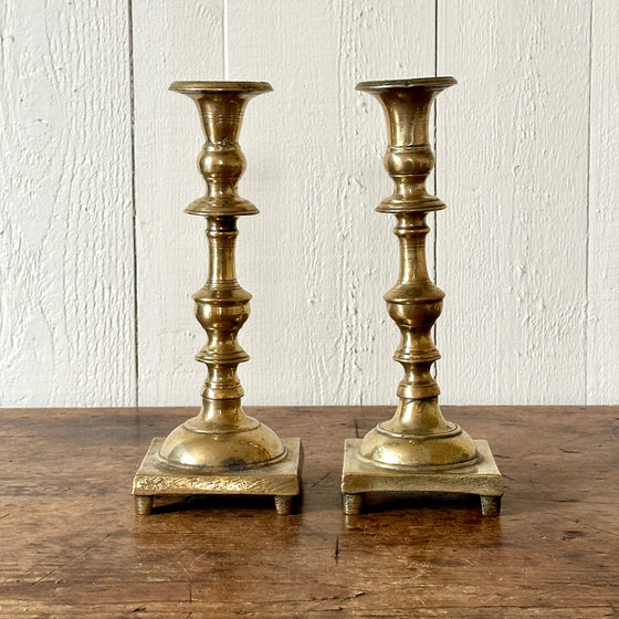 English 9.75" Square Base Brass Candlesticks