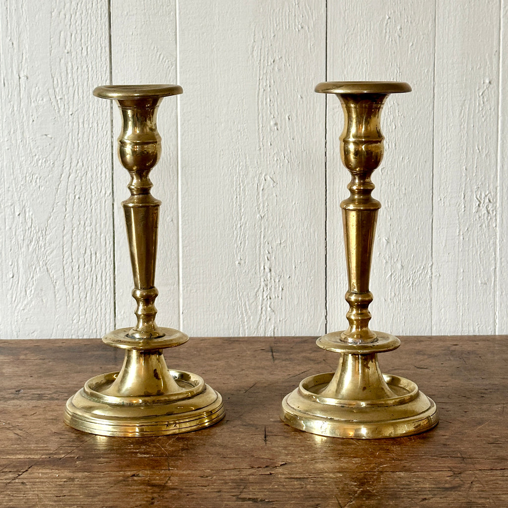 English 10.75" Round Base Brass Candlesticks
