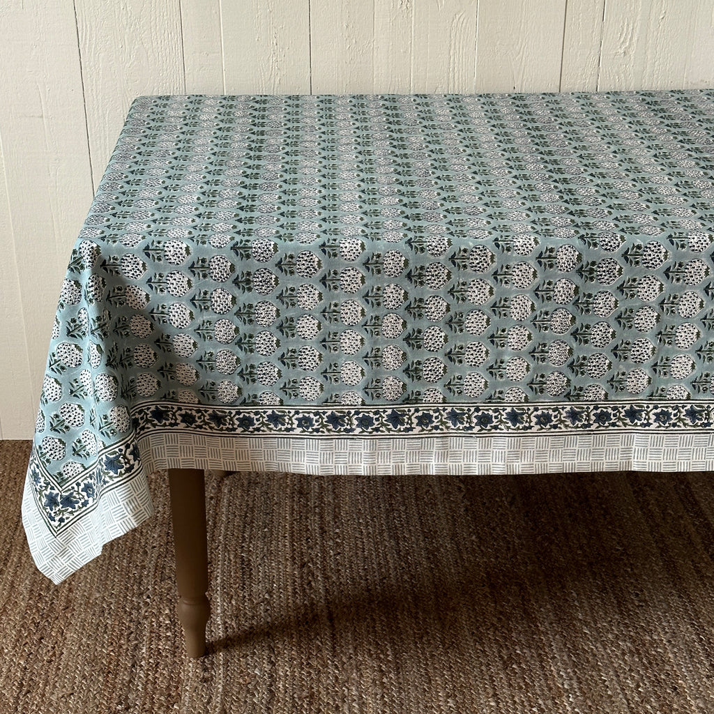 Blue and Green Block Print Tablecloth