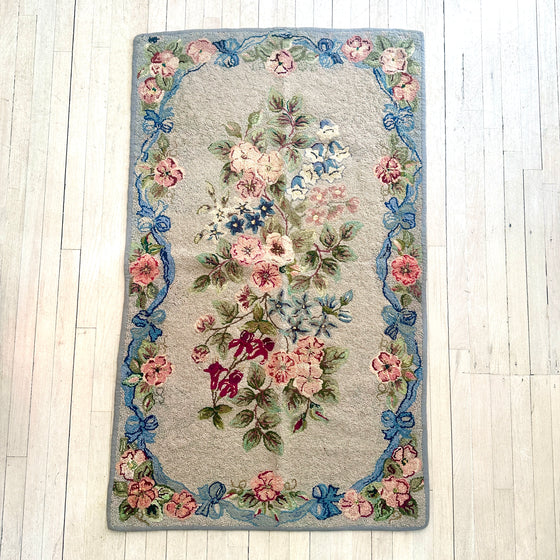 Vintage Blue Floral Hooked Rug