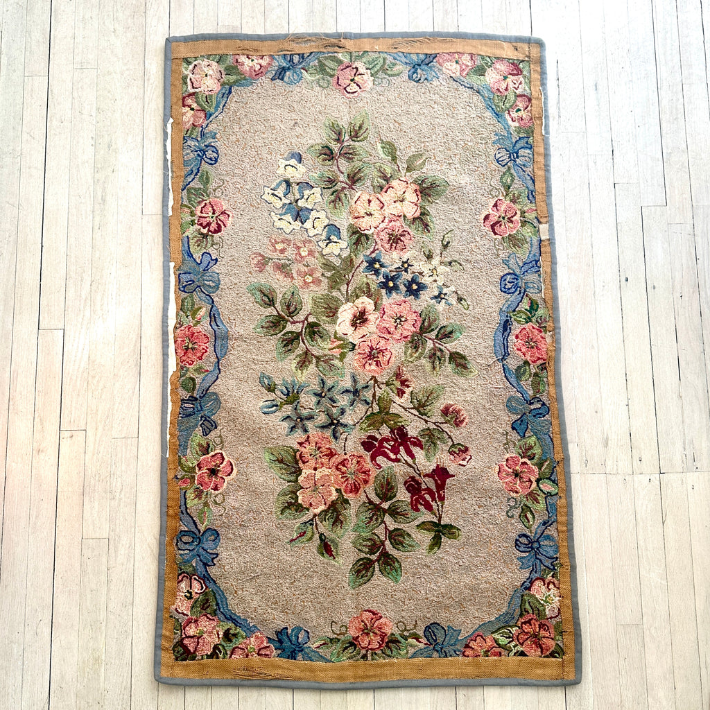 Vintage Blue Floral Hooked Rug