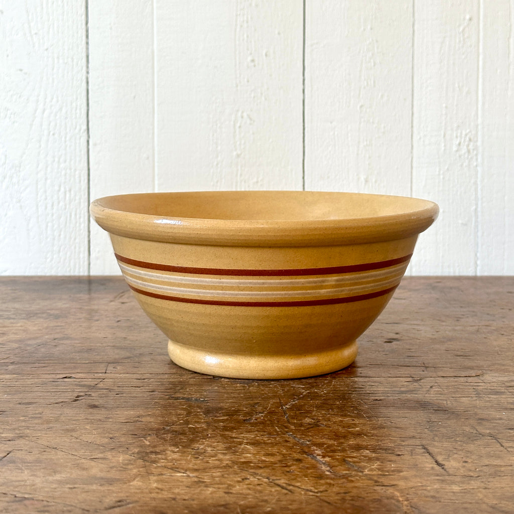 Yellowware Mixing Bowl with Brown, White Stripes