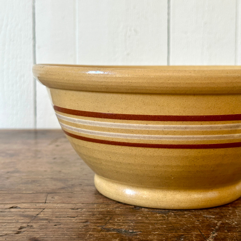 Yellowware Mixing Bowl with Brown, White Stripes