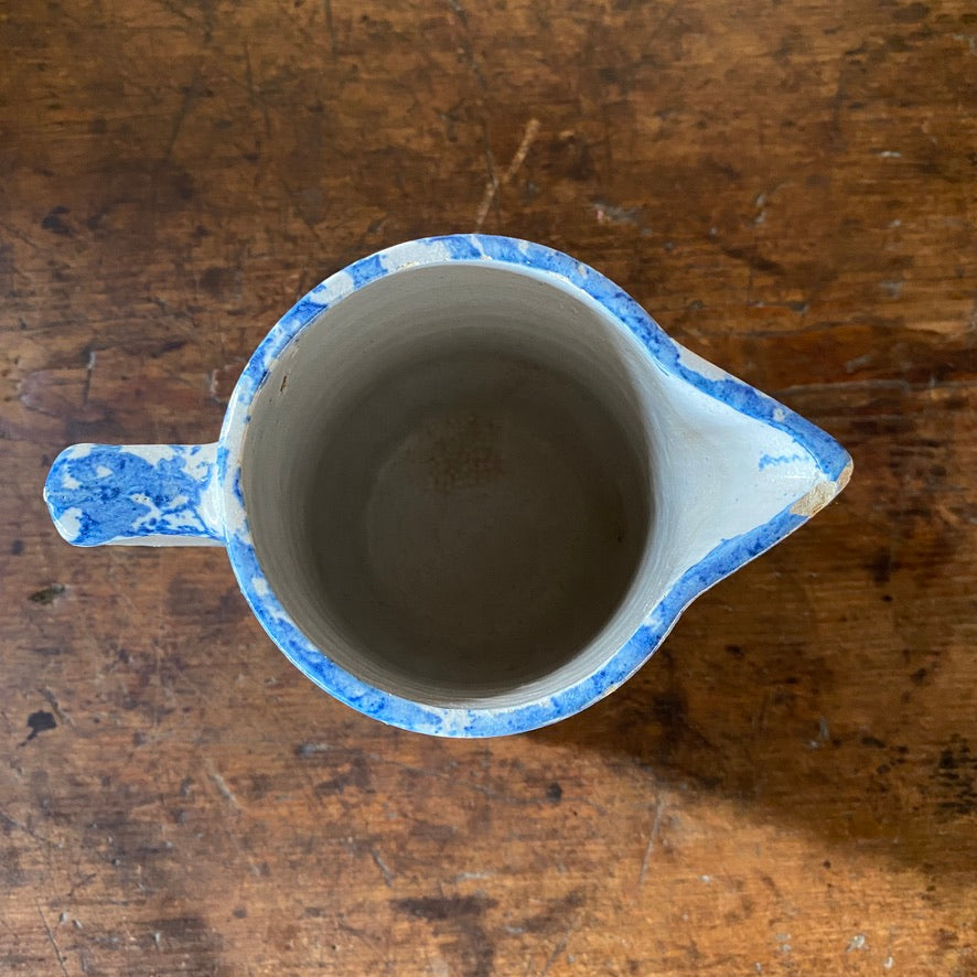 Blue and White Spongeware Stoneware Hot Water Pitcher with Stripes